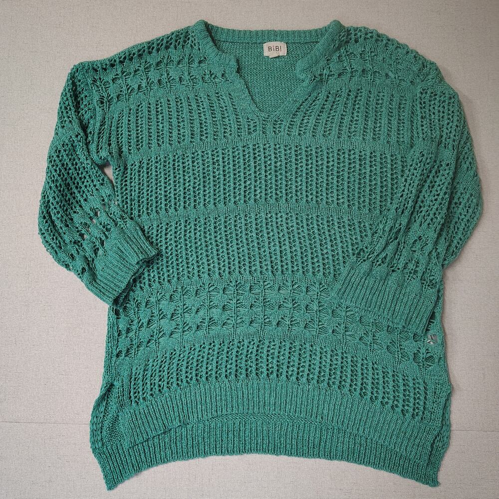 BIBI Open Knit Sweater Womens M Teal Crochet Boho Coastal Beachy Pullover